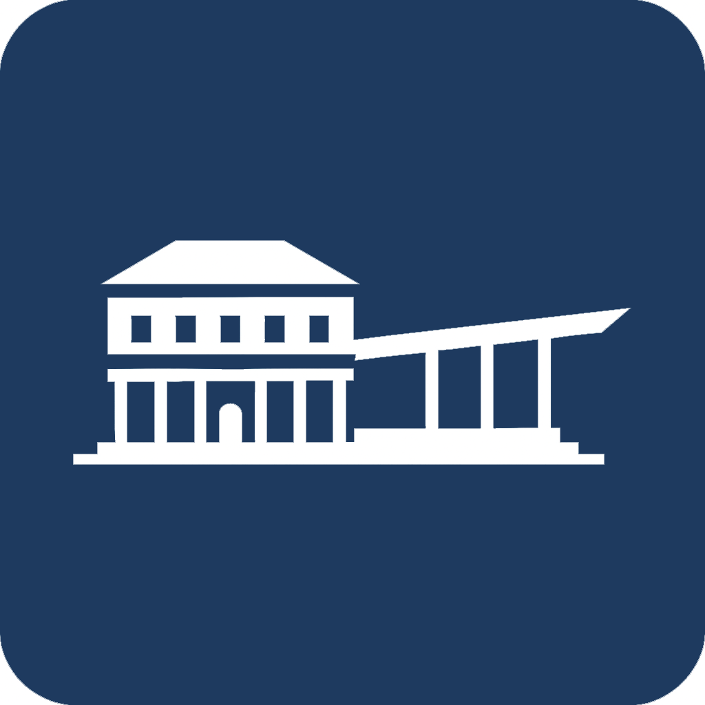 Modern building icon, teal background.