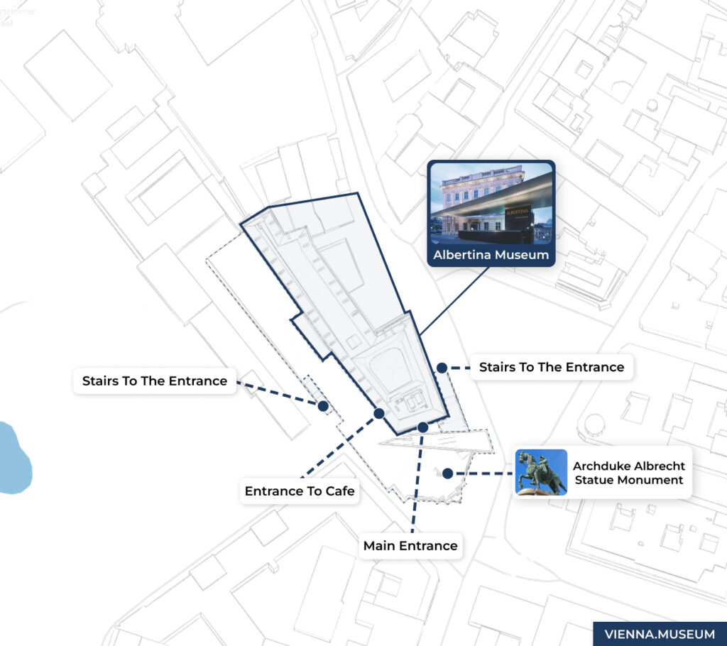 Albertina Museum map highlighting entrances and monument.