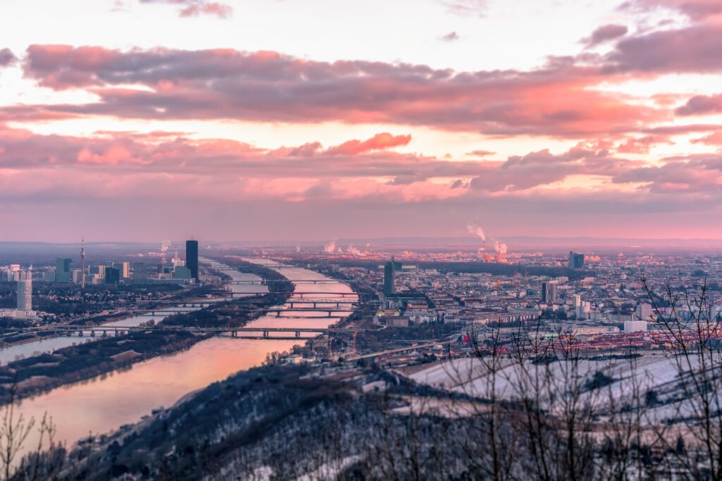 Beautiful Vienna panorama at sunset in winter