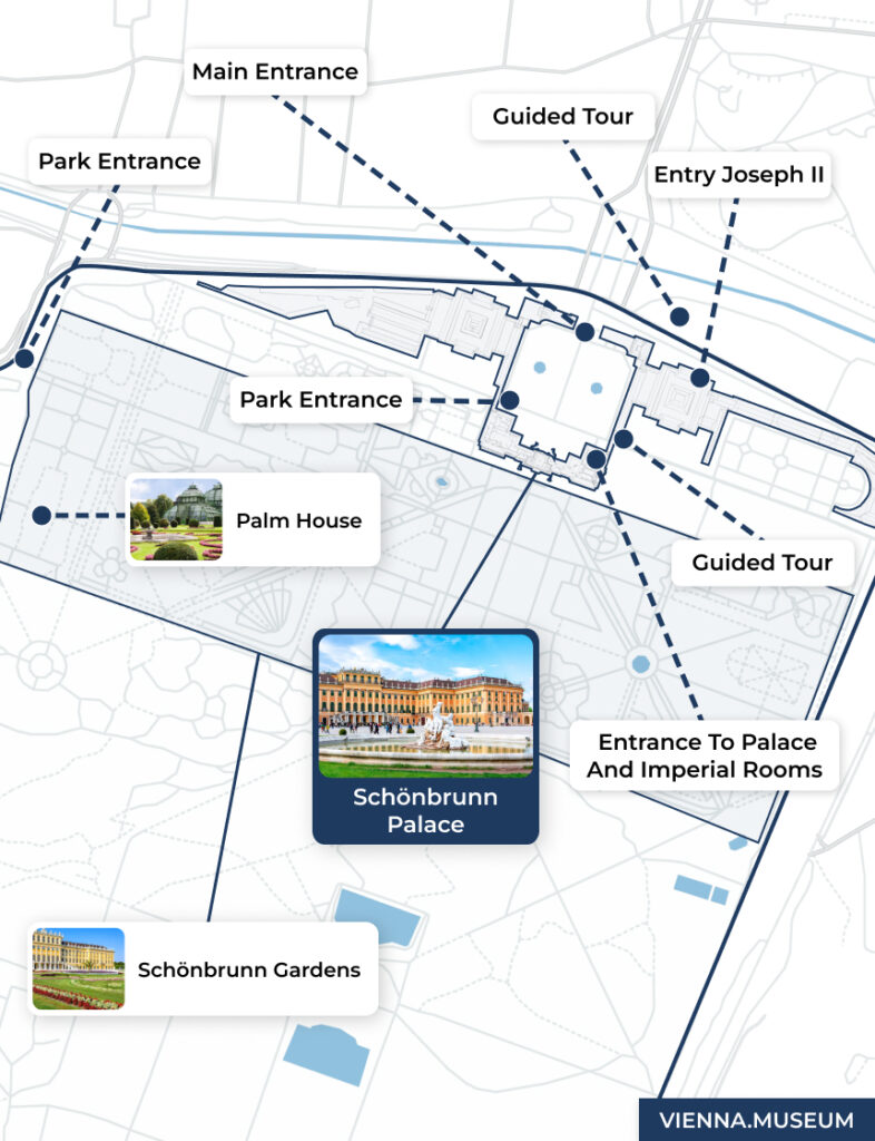 Map of Schönbrunn Palace and attractions in Vienna.