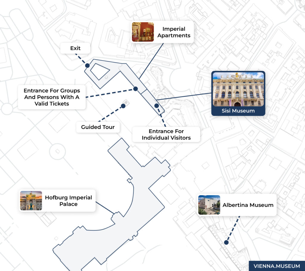 Map highlighting Hofburg Palace and museums entrances.