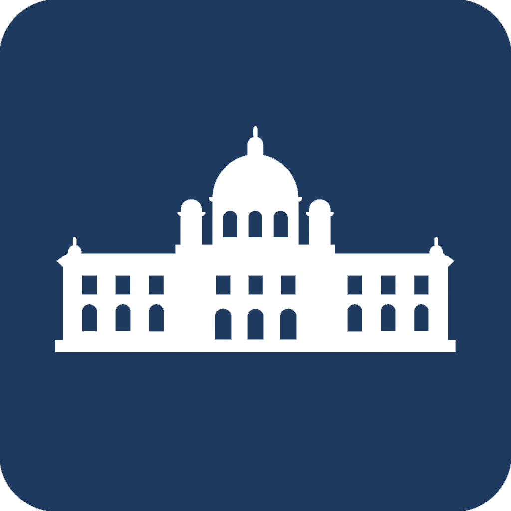 White building, classical architecture silhouette, on blue background.